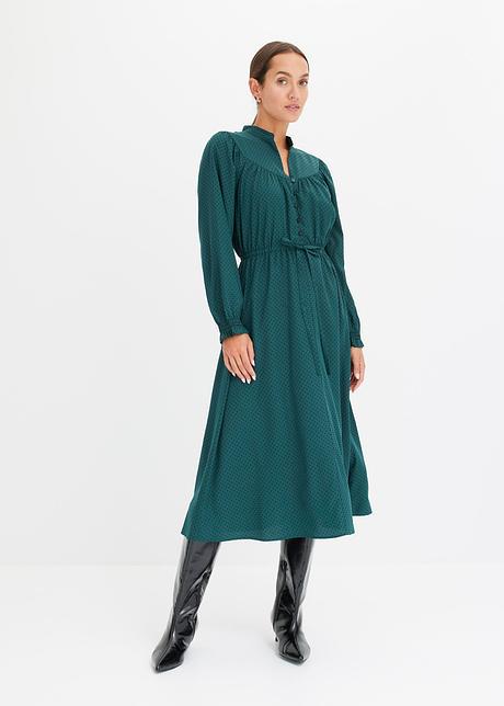 Robe midi féminine avec volants aux manches - vert foncé à pois