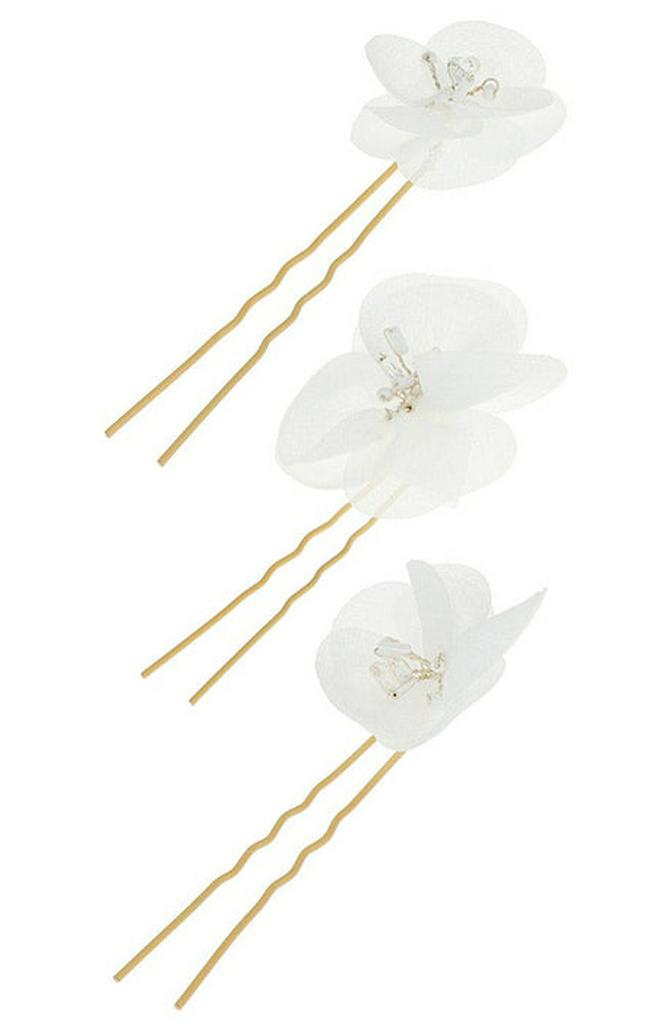 Camila Bridal Hair Pin Set, white flowers and two-prong hair pins