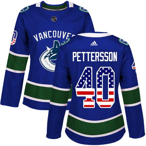 Adidas Vancouver Canucks #40 Elias Pettersson Blue Home Authentic USA Flag Women's Stitched NHL Jersey